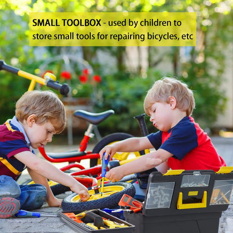 Kids using Four Piece Portable Toolbox Set With Built In Latch Tray And Magnetic Wristband For Home And Pro Repairs, bike tools visible