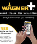 Wagner support and resources available with Home Decor HVLP Paint Sprayer purchase, hand holding phone illustrating digital access.