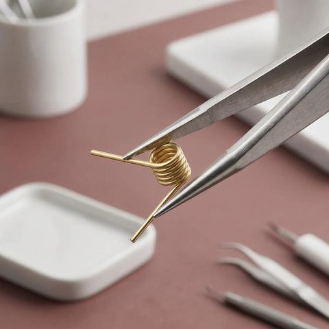 Close-up of golden stainless steel hair clip spring held by tweezers, part of 8 Pack Hair Clip Spring Replacement With Strong Clamping Steel Jaw Clips And Compact Body For DIY Hair Accessories Projects And Everyday Use Ideal For Crafting Hair Barrettes And Bobby Pins Durable Metal Spring Mechanism For Long Lasting Hold.
