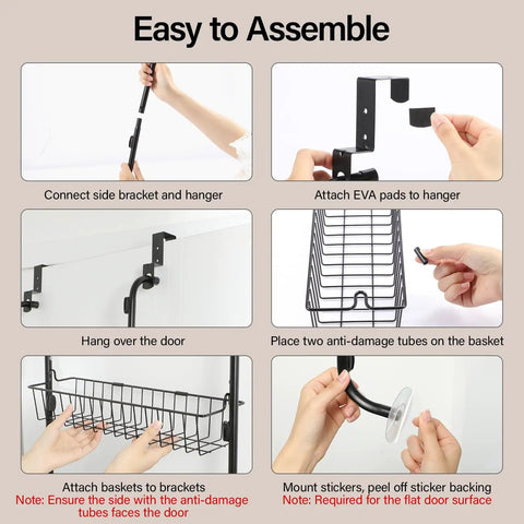 Step-by-step assembly guide for Six Tier Over The Door Pantry Organizer Rock Solid Metal Hanging Kitchen Basket.