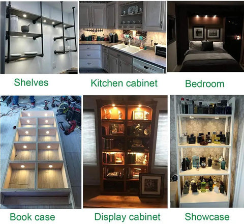 LED downlights illuminating shelves, kitchen cabinets, bedroom, bookcase, display cabinet, and showcase