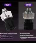 Comparison of two AC pressure switches; left is Beefed Up AC Pressure Switch For Hyundai Accent Sonata Tucson Elantra Azera Santa Fe Forte And More Plug And Play Replacement Sensor With Seals Easy Install Durable OE Fit, right is older used model.