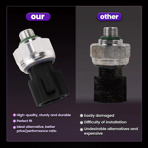 Comparison of two AC pressure switches; left is Beefed Up AC Pressure Switch For Hyundai Accent Sonata Tucson Elantra Azera Santa Fe Forte And More Plug And Play Replacement Sensor With Seals Easy Install Durable OE Fit, right is older used model.