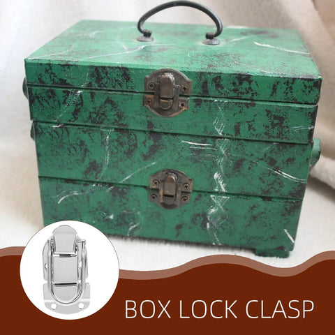 Vintage Zinc Alloy Box Latch on green trunk, sleek self locking clasp for jewelry boxes with easy snap shut secure closure
