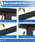 How to Install CKE Black Handrail, step-by-step guide showing drilling and fixing for Heavy Duty 10 Foot Stainless Steel Cable Railing Handrail.