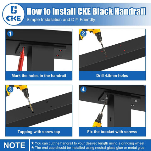How to Install CKE Black Handrail, step-by-step guide showing drilling and fixing for Heavy Duty 10 Foot Stainless Steel Cable Railing Handrail.
