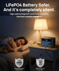 Child sleeping with lamp-lit bedside table holding Portable Power Station With 700W Surge, 288Wh LiFePO4 Battery Backup.