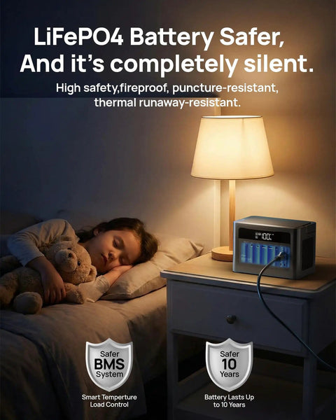 Child sleeping with lamp-lit bedside table holding Portable Power Station With 700W Surge, 288Wh LiFePO4 Battery Backup.