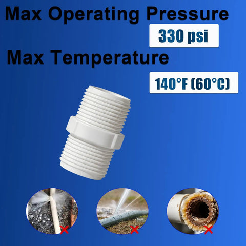 3/4 Inch PVC Pipe Fitting Hex Nipple G Three Fourth Male To G Three Fourth Male Thread Coupling Connector For Plumbing Schedule 40 Garden Hose Thread DIY Projects Home Or Industrial Use Durable PVC, 330 psi, 140°F