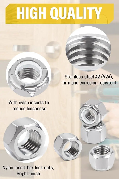 Close-up of 50 Pieces Nylon Insert Hex Lock Nuts Size 8 32 Threads A2 304 Stainless Steel Self Locking Nuts displayed on a surface.