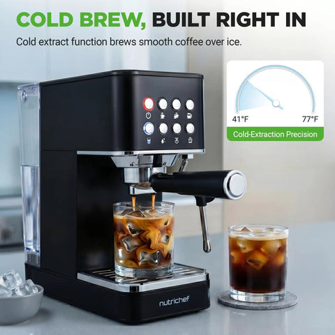 Premium Twenty Bar Espresso Maker With Built In Milk Frother And One Point Eight Quart Removable Tank brewing cold coffee over ice.