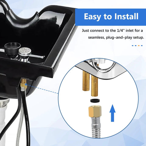 Black salon shampoo bowl with attached sprayer hose kit, illustrating quick 1/4 inch thread installation process.