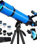80mm Aperture 600mm Refractor Telescope for Beginners with AZ Tripod, phone adapter, lenses, and portable bag displayed on white