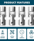 Four silver Beefy 8Mm To 8Mm Universal Joint Shaft Couplings with corrosion-resistant plating, shown with product features icons.