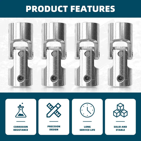 Four silver Beefy 8Mm To 8Mm Universal Joint Shaft Couplings with corrosion-resistant plating, shown with product features icons.