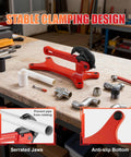 Front view of Alwalkee portable aluminum pipe vise (red) with serrated jaws for 1/8–1-1/2 in pipes
