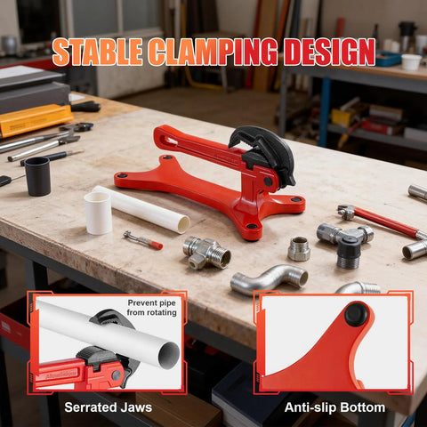 Front view of Alwalkee portable aluminum pipe vise (red) with serrated jaws for 1/8–1-1/2 in pipes