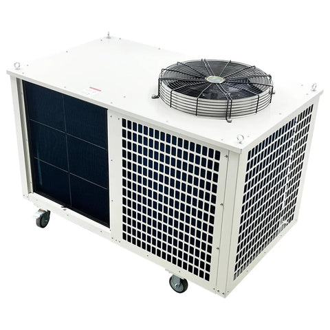 Heavy Duty Portable Air Conditioner With Rollin Wheels And Hella Cooling Power For Commercial Shops And Outdoor Hangouts Runs On 220V Three Phase Voltage, white, portable design with large fan.