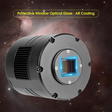 Cooled Telescope Camera With 11.7 MP USB 3.0 IMX294 Back Illuminated Sensor, AR Coating, shown against starry background.