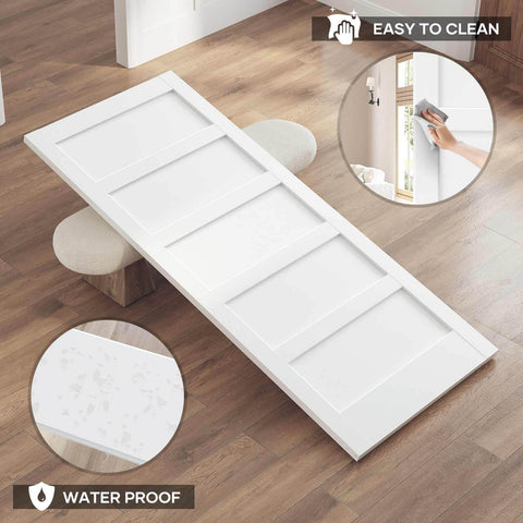 36 By 84 Inch White Sliding Barn Door Slab With Six Point Six Foot Hardware Kit Included Five Panel MDF Wood Door With Waterproof Scratchproof PVC Surface Easy DIY Assembly shown with easy clean and waterproof features.