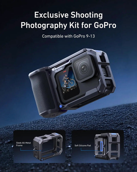 GoPro Hero 9 10 11 12 13 Street Grip Kit With Metal Rabbit Cage And Seesaw Design Aluminum Alloy Shell displayed in ad.