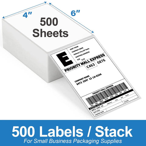 4x6 Thermal Shipping Labels 500 Per Stack With Fanfold, BPA Free, waterproof and oil resistant, shown in a stack