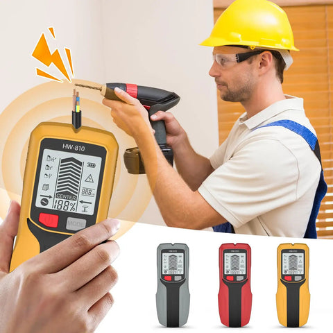 Studs Finders and Metal Detector Wall Scanner for Home Use with LCD Display being used by a man for wiring installation.