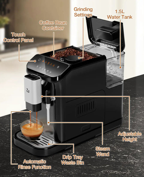 Kickstart Your Daily Brew With This Legit Fully Automatic Espresso Maker Featuring A Built In Grinder 20 Bar High Pressure Pump And Zero Hassle Milk Frother For Smooth Lattes And Rich Cappuccinos At Home showing touch control panel and 1.5L water tank.