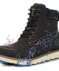 Six Inch Moc Toe Steel Toe Boots For Men Waterproof Leather Non Slip Safety Work Boots Durable Construction Western Brown US Size Nine Point Five