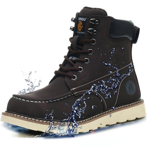 Six Inch Moc Toe Steel Toe Boots For Men Waterproof Leather Non Slip Safety Work Boots Durable Construction Western Brown US Size Nine Point Five