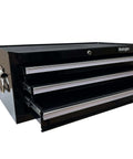 Front view of black Three Drawer Portable Metal Tool Chest With Locking Cam 26 Inch Mid Size Cabinet Ball Bearing Drawer Slides