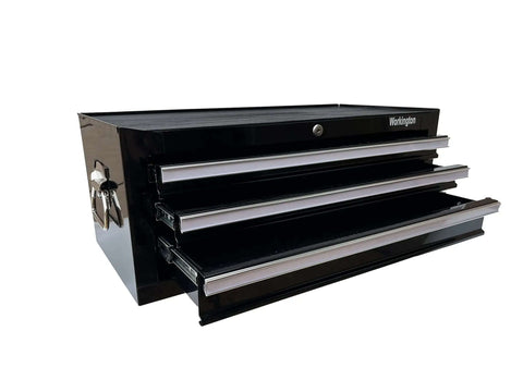 Front view of black Three Drawer Portable Metal Tool Chest With Locking Cam 26 Inch Mid Size Cabinet Ball Bearing Drawer Slides