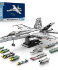 Box and completed F-18 Hornet Fighter Jet Building Set For Adults With 1387 Pieces, missiles and display stand shown separately