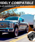 Truck towing a trailer using Anti Rattle Hitch Lock Pin Set With Five Eighth Inch Hollow Shank And Two And Five Eighth Inch Span 90 Degree Swivel Lock Rubber Grip Chrome Finish Two By Two Receiver Compatible Ball Mount Pin That Eliminates Clanking And Keeps Your Setup Quiet, shown in detail inset.