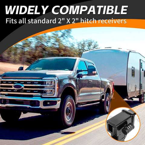 Truck towing a trailer using Anti Rattle Hitch Lock Pin Set With Five Eighth Inch Hollow Shank And Two And Five Eighth Inch Span 90 Degree Swivel Lock Rubber Grip Chrome Finish Two By Two Receiver Compatible Ball Mount Pin That Eliminates Clanking And Keeps Your Setup Quiet, shown in detail inset.
