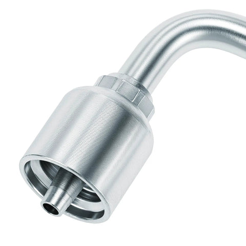 Close-up of a silver 1/4" JIC 37° hydraulic elbow fitting with knurled nut and threaded end.