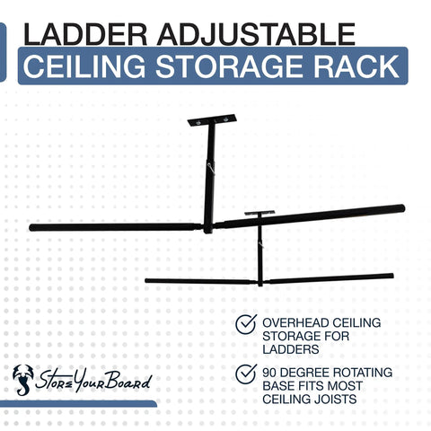 Overhead Ladder Rack For Garage Adjustable Ceiling Mounted Shelf To Store Step And Extension Ladders Off The Floor Heavy Duty Steel Construction Space Saving Garage Organizer Holds Up To 150 Lbs