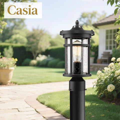 Outdoor Post Light For Garden And Pathway Vintage Exterior Pillar Lamp in garden setting with warm glow