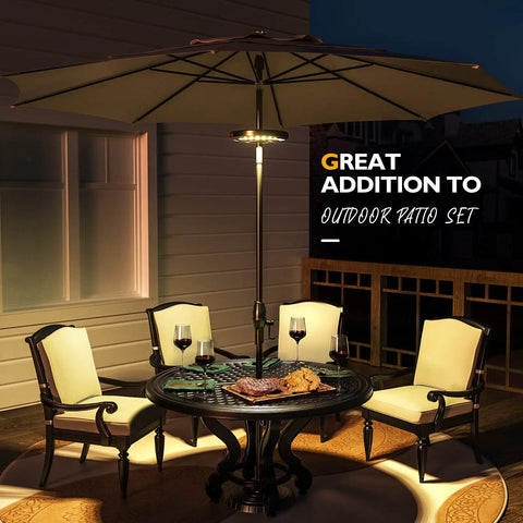 Rechargeable Patio Umbrella Lights With 28 LEDs And 3 Lighting Modes illuminating an outdoor table set on a patio at night