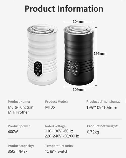 Cafe-Style Barista-Grade Milk Foam Maker And Frother With Temperature Display, 350Ml Capacity, Burn-Free Base in black and white.