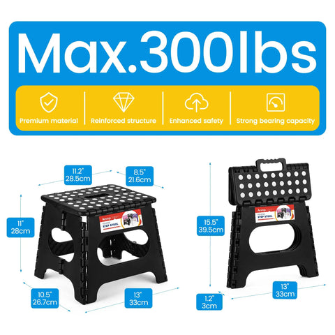 Folding Step Stool 11 Inch Non Slip Lightweight Plastic Sturdy Collapsible Foot Stool Heavy Duty Supports 300 Lbs in use and folded