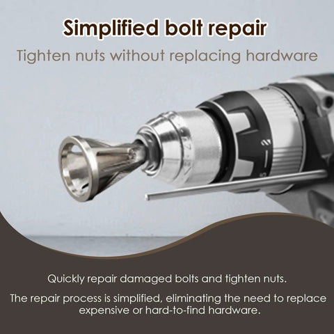 Deburring external chamfer tool for drill bit, stainless steel, shown in a drill chuck.