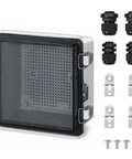 IP67 Waterproof Outdoor Junction Box With Hinged Cover And Cable Glands, Tough As Nails Heavy Duty ABS Electrical Enclosure With Rustproof 304 Stainless Steel Latches, Thick Rubber Seal, Weatherproof For Harsh Outdoor Use, front view with accessories
