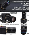 Crystal Clear 1080P USB Web Camera With 5-50mm Varifocal Telephoto Zoom Lens, Manual Focus, Sony IMX323 Sensor, H264 Low Light 0.01 Lux, Industrial Machine Vision Ready, CS Mount, UVC Free Drive shown with dimensions and features.