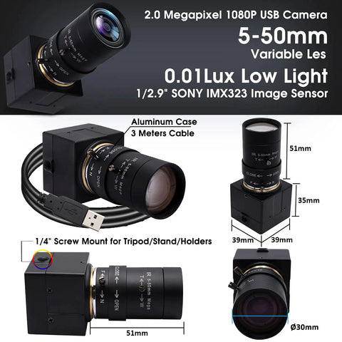 Crystal Clear 1080P USB Web Camera With 5-50mm Varifocal Telephoto Zoom Lens, Manual Focus, Sony IMX323 Sensor, H264 Low Light 0.01 Lux, Industrial Machine Vision Ready, CS Mount, UVC Free Drive shown with dimensions and features.