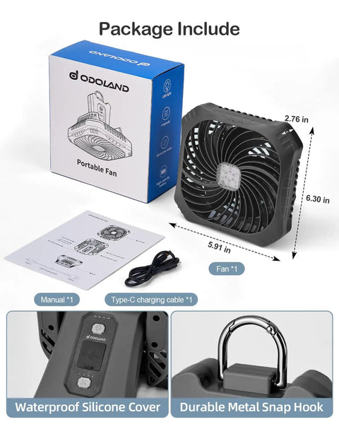 Portable Camping Fan with LED Lantern for Outdoor Adventures, 6000mAh Rechargeable Battery, packaging and accessories