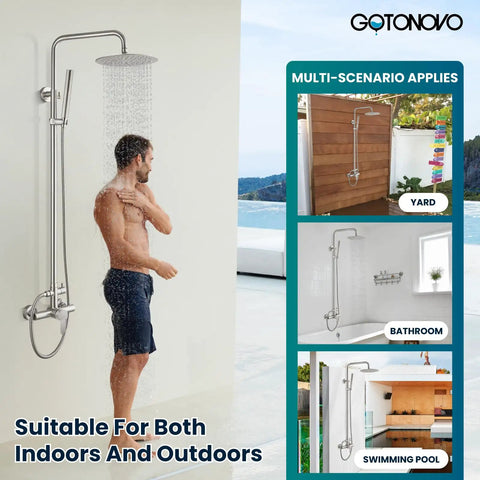 Outdoor Shower Faucet Set In Brushed Nickel, 304 Stainless Steel Shower Head With 2-In-1 Cylinder Handheld Spray, Wall Mount
