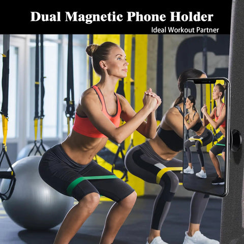Woman using Dual Magnetic Phone Holder With 360 Degree Adjustable Mount for gym workout, phone securely attached next to her.