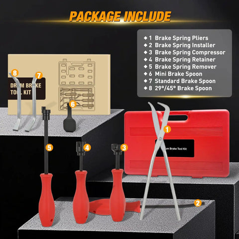 Eight Piece Pro Grade Drum Brake Tool Kit with Spring Installer Remover Compressor Retainer Pliers and Spoons, red case