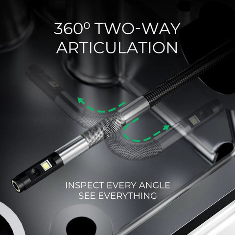 Dual Lens Articulating Borescope With Built In Light For Mechanics And Plumbing, 6mm Camera Snakes, 5Ft Reach, Two Way Viewing Endoscope For Automotive And Industrial Inspections, 360° joint